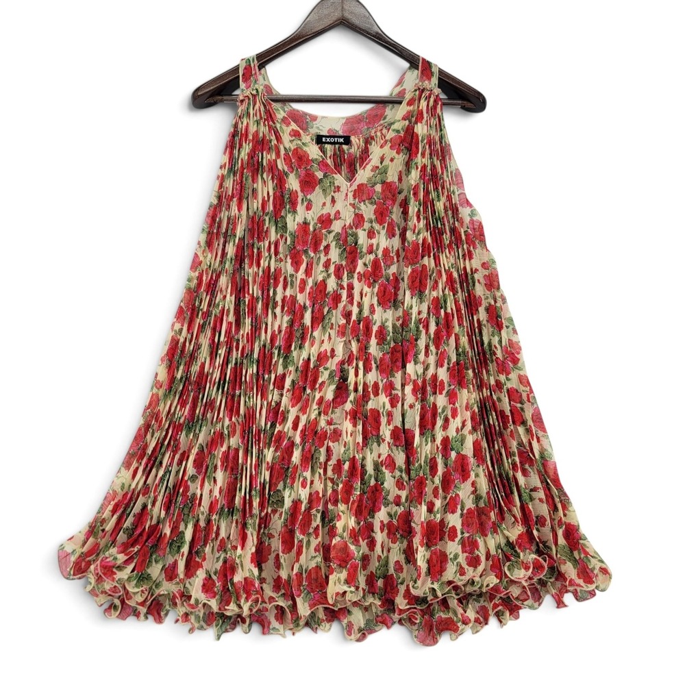 Exotik Floral Pleated Blouse Dress Boho Sheer Flowy Rose Cottagecore Romantic‎